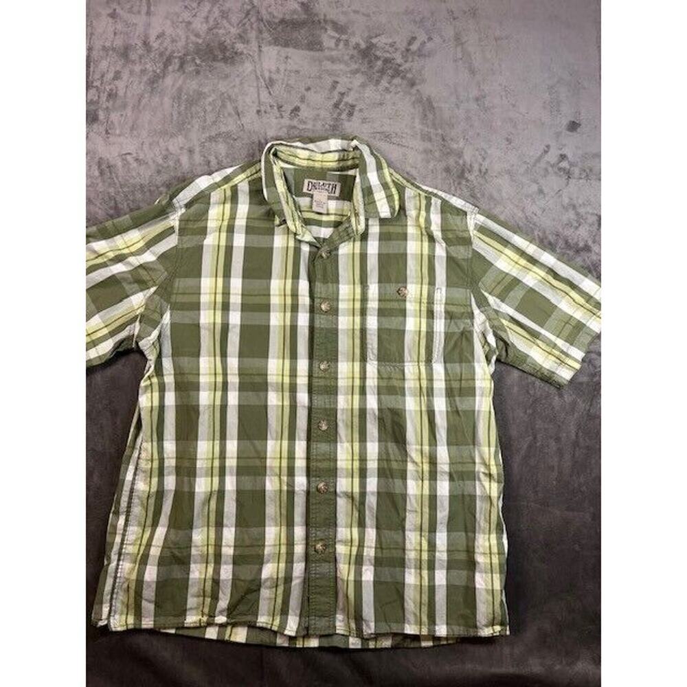 Duluth Trading Co Mens L Large Short Sleeve Button‎ Shirt Plaid Green Yellow